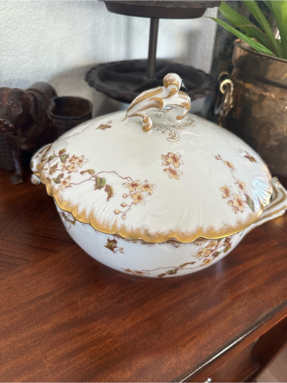 Porcelain Covered Serving Bowl with Floral Gold Trim